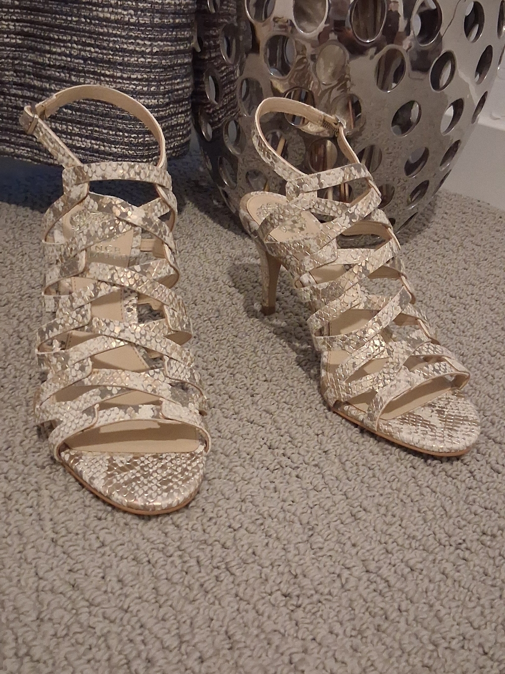 Vince Camuto Beige Snake-Print Strappy High Heel Sandals